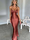 topbx Satin Backless Lace Up Mermaid Slip Dress Women Sweetheart Neck Sexy Slim Dresses Elegant Silk Gown