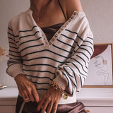 topbx  Striped Knitted Pullover 2024 Women Autumn Long Sleeve V-neck Cotton Sweater Female Vintage Elegant Chic Oversize Jumper Pull