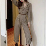 topbx Women's Fashion Streetwear Jumpsuit Autumn V-Neck Pockets Ankle-Length Straight Cargo Pants High Street Wear Sashes Za Overalls