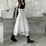 topbx Vintage Black Gothic Y2K Long Skirt Autumn Lace Stitching Irregular Pleated Skirt Women White Korean Solid Hip Hop