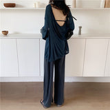 topbx Two Piece Set Top and Pants Long Sleeve O-neck Loose Sexy Backless Slightly Transparent and High Waist Wide Leg Pants Trousers