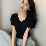 topbx Fine Elegant Youth Woman Blouses Ruffles Fashion Blouse Puff Sleeve Korean Chic Cute Pretty Shirt Crop Top 2024 New
