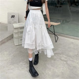 topbx Black Gothic Lace Stitching Irregular Pleated Skirt Women White Vintage High Waist Long Skirt Korean Solid Hip Hop