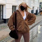 topbx 2024 Brown Zip Up Hoodie Sweatshirt Winter Jacket Clothes Oversize Hoodies Women Plus Size Vintage Pockets Long Sleeve Pullovers