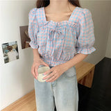 topbx Summer Harajuku Plaid Shirt Crop Top Women Vintage Blouse Puff sleeve Ruffle Top Femme 2024 Fashion