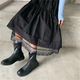 topbx Vintage Black Gothic Y2K Long Skirt Autumn Lace Stitching Irregular Pleated Skirt Women White Korean Solid Hip Hop