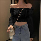 topbx Women Top Sexy Blouse Off Shoulder Top Long Sleeve Club Party White Shirt Puff Sleeve Ruffle Crop Top Summer Tube Top