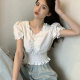 topbx Fine Elegant Youth Woman Blouses Ruffles Fashion Blouse Puff Sleeve Korean Chic Cute Pretty Shirt Crop Top 2024 New
