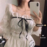 topbx Sexy Top Women Blouse With Lace Up Off Shoulder Tops Puff Sleeve White Shirt Vintage Ruffle Crop Top Solid Color Black Female