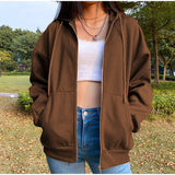 topbx 2024 Brown Zip Up Hoodie Sweatshirt Winter Jacket Clothes Oversize Hoodies Women Plus Size Vintage Pockets Long Sleeve Pullovers