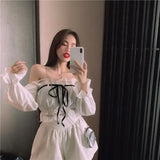 topbx Sexy Top Women Blouse With Lace Up Off Shoulder Tops Puff Sleeve White Shirt Vintage Ruffle Crop Top Solid Color Black Female