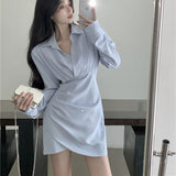 topbx Thanksgiving Day Gifts Korean Style Long Sleeve Shirt Dress High Waist Slim Office Lady Bodycon Pleated Mini Dresses Elegant Casual Autumn Clothes