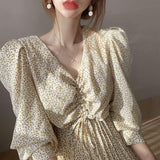 topbx Thanksgiving Day Gifts Korean Chic Floral Puff Sleeve Long Dress High Waist Vintage Elbise Ladies V-Neck Drawstring Party Chiffon Ropa Mujer Elegant