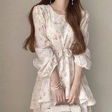 topbx  Summer Dress Chiffon Floral Dress Female Midi Dress 2024 New Korean One-Piece Chic Retro O Neck Double Layer Ruffled Lace Dress