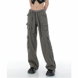 topbx High Waist Hippie Baggy Green Cargo Pants Woman Summer Pocket Wide Leg Black Pants Vintage Casual Mopping Trousers
