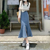 topbx Korean Style Fishtail Skirts for Women Fashion Denim Split Long Skirt 2024 New High Ruffles Midi Skirts