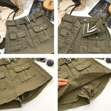 topbx Women's Vintage Green Denim Cargo Skirt Spring Summer 2023 Y2K Big Pocket Belt Mini Skirts Woman Korean High Waist Short Pants