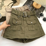 topbx Women's Vintage Green Denim Cargo Skirt Spring Summer 2023 Y2K Big Pocket Belt Mini Skirts Woman Korean High Waist Short Pants