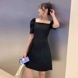 topbx Summer Short-sleeved Dress for Women Korean Fashion Retro Square Neck Bubble Sleeve Black Dresses Waist Retraction Mini Dresses