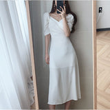 topbx Thanksgiving Day Gifts Korean Style Puff Sleeve Dress Women Long Sleeve Sexy V-Neck Slim A-Line Female Lace-Up Short Sleeve Summer Dresses Vintage