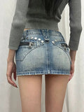 topbx American retro plus size heavy industry studded denim skirt female hottie slim slim thin a-line hip short skirt tide
