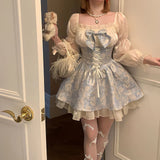 topbx Lolita Princess Dress Women Party Y2k Bandage Blue Cosplay Costumes Japanese Puff Sleeve Ribbon Square Neck  Mini Dress