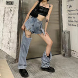 topbx Blue Jeans Women Korean Fashion Y2k High Waist Design Baggy Detachable Shorts Straight Wide Leg Black Pants