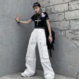 topbx White Cargo Pants Woman Hippie Pocket The Chain Punk Elastic High Waist Trousers Baggy Pants Korean Fashion