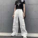 topbx White Cargo Pants Woman Hippie Pocket The Chain Punk Elastic High Waist Trousers Baggy Pants Korean Fashion