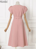 topbx 2023 Women Fashion A Line Dress Elegant OL Work Mid-calf Summer Short Sleeve Sundress Vintage Party Robe