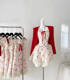 topbx 2024 New Sweet Floral Dress Set Woman Casual Red Short Cardigan Elegant Lace Y2k Mini Dress Beach Korean Fashion Clothing Suit
