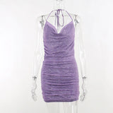 topbx Y2K Chic Glitter Party Outfit Fairy Chain Pleated Slim Dresses Sexy Backless Mini Dress 90s Lace Up Club Cloths