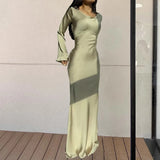 topbx 2024 New Elegant Long Dresses Fashion Vintage Simple Round Neck Satin Flare Sleeve Lace Up Slim Evening Party Women Sexy Dress