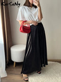 topbx Summer New Satin Elegant Female A-line Skirt Loose Solid Color Fashion Casual Skirts For Women High Waist Zipper Long Skirts