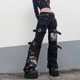 topbx American Punk Style Black Jeans Woman Summer Graffiti Cargo Pants Metal Buckle Fashion Vintage Straight Flared Pants