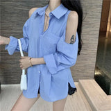 topbx Off Shoulder Striped Loose Sexy Blouse Summer New Long Sleeve Polo Neck Thin Trend Shirt Tops Casual Fashion Women Clothing