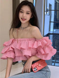 topbx Korean Off Shoulder Fashion Woman Blouse Stacked Ruffles Crop Top Shirt Summer Designer Short Sleeve Chiffon Sexy 2024 New