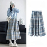topbx Blue Cake Skirt Women's Autumn and Winter High Kawaii Fashion A-line Skirt Japanese Retro Medium Length Plaid Skirt