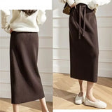 topbx Autumn Winter Black Skirt Drawstring Knitted Skirts Women High Waist Brown Long Skirt Straight Knitwear Midi Skirts