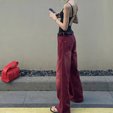 topbx Boyfriend Style Baggy Jeans Women Denim Trousers High Waist Y2k Vintage Washed Distressed Wide Leg Mopping Red Pants