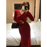 topbx Dresses for Women 2024 New Autumn and Winter Bottoming V-neck Knitted Solid Color Hip Dress Waist Slim Mid-length Sweater Dress