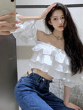 topbx Korean Off Shoulder Fashion Woman Blouse Stacked Ruffles Crop Top Shirt Summer Designer Short Sleeve Chiffon Sexy 2024 New