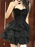 topbx Gothic Goth Lolita Kawaii Cute Black Ruffles Dress Soft Girl Y2k Coquette 2024 Fashion Cake Party Short Dresses