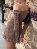 topbx Aesthetics Y2K Off Shoulder Ribbed Brown Sweater Dress Retro Long Sleeve A-line Knit Mini Dresses