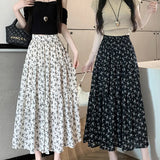 topbx Korean Fashion Floral Print Skirt Women 2023 Summer New Elegant Black Long Skirt Female A-line Drap Beach
