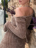 topbx Aesthetics Y2K Off Shoulder Ribbed Brown Sweater Dress Retro Long Sleeve A-line Knit Mini Dresses