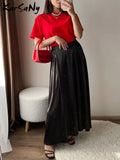 topbx Summer New Satin Elegant Female A-line Skirt Loose Solid Color Fashion Casual Skirts For Women High Waist Zipper Long Skirts