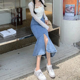 topbx Korean Style Fishtail Skirts for Women Fashion Denim Split Long Skirt 2024 New High Ruffles Midi Skirts