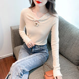 topbx Knitted Woman Tshirts Slim Fit Hollow Out Ong Sleeve Tees Fashion Knit Temperament Woman Tshirts Y2k Tops 2022 Blusas De Mujer