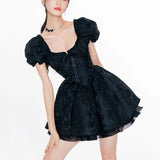 topbx Summer Women's Dress Lolita Tunic Mesh Escaping Princess Square Neck Advanced Party Bubble Sleeve Gift Vintage Mini Dress